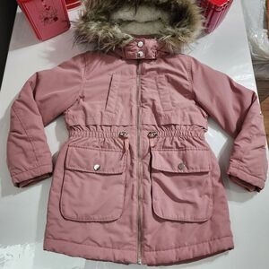 H&M Girls Faux Fur Hooded Pink Fall Winter Parka Coat Jacket Size 7